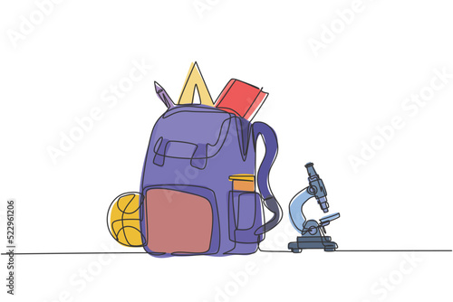 Continuous one line drawing school bag set, microscope, book, basket ball, crayon, pen. Back to school hand drawn minimalism concept. Single line draw design for education vector graphic illustration
