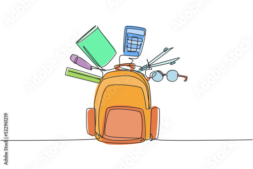Single continuous line drawing of school bag set with glasses, calculator, book, ruler, pen. Back to school minimalist style. Education concept. Modern one line draw graphic design vector illustration