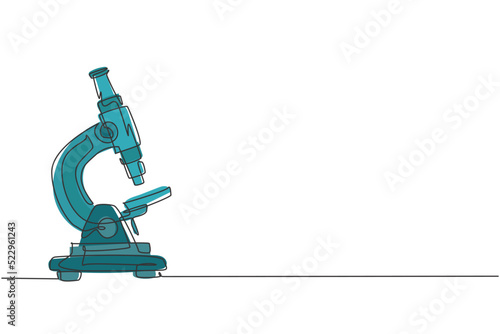 Continuous one line drawing laboratory microscope to help doctor discover vaccine. Back to school hand drawn minimalism concept. Single line draw design for education vector graphic illustration