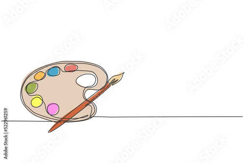 Single one line drawing of brush paint with watercolour palette. Back to school minimalist, art education concept. Continuous simple line draw style design graphic vector illustration