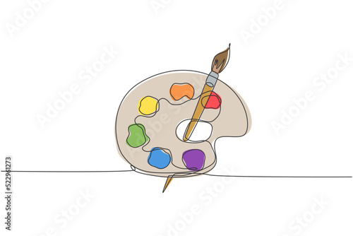 Continuous one line drawing paintbrush with watercolor palette. Back to school hand drawn minimalism concept. Single line draw design for art education vector graphic illustration