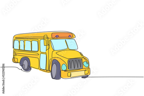 Continuous one line drawing old classic school bus transportation for American students. Back to school hand drawn minimalism concept. Single line draw design for education vector graphic illustration