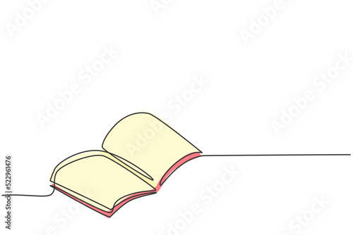 Single one line drawing of open text book for study. Back to school minimalist, education concept. Continuous simple line draw style design graphic vector illustration