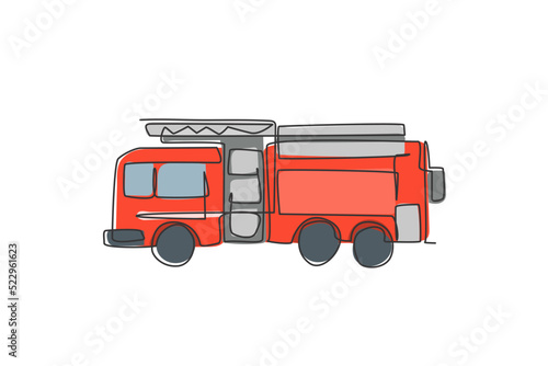 Single one line drawing of firetruck with rescue ladder and nozzle. Fire engine as firefighter apparatus isolated doodle minimal concept. Trendy continuous line draw design graphic vector illustration