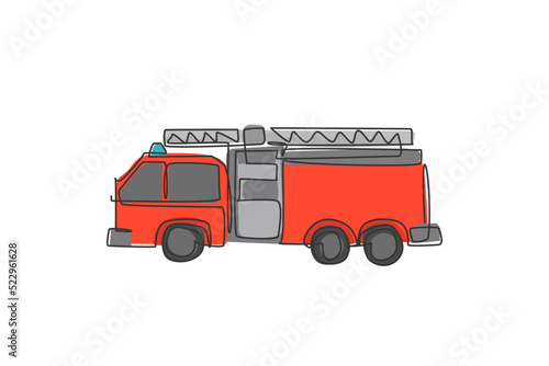 Single continuous line drawing of firetruck emergency rescuer for fireman. Fire engine vehicle isolated minimalism concept. Dynamic one line draw graphic design vector illustration on white background
