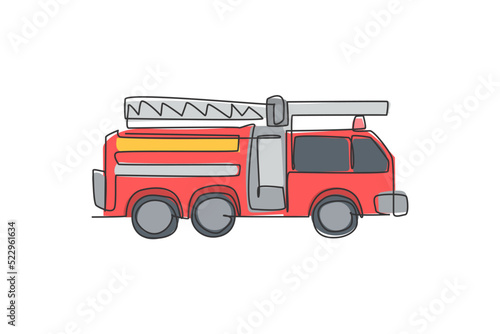 Continuous one line drawing of emergency road vehicle fire engine. Fire truck rescue as fire fighter apparatus hand drawn minimalist concept. Modern single line draw design vector graphic illustration