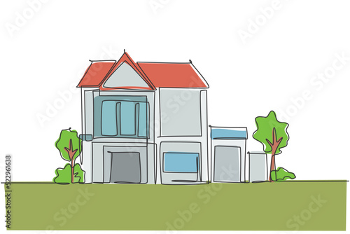 Single one line drawing of green fresh modest house at countryside. Home eco building construction isolated doodle minimal concept. Trendy continuous line draw design graphic vector illustration
