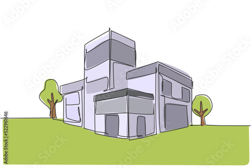 Single continuous line drawing luxury house building at big city. Home architecture property isolated minimalism concept. Dynamic one line draw graphic design vector illustration on white background