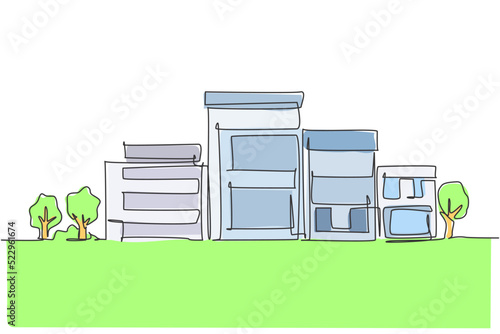 Single continuous line drawing of green minimalist modest house property in city. Real estate isolated minimalism concept. Dynamic one line draw graphic design vector illustration on white background