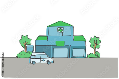 Single one line drawing of clean and hygiene hospital building. Medical healthcare infrastructure isolated doodle minimal concept. Trendy continuous line draw design graphic vector illustration