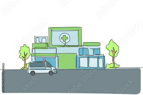 Continuous one line drawing hospital building construction at countryside. Medical health care infrastructure hand drawn minimalist concept. Modern single line draw design vector graphic illustration