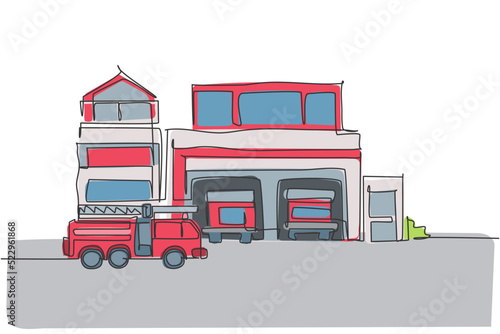 Single continuous line drawing of fire station building construction. Firefighter base camp isolated minimalism concept. Dynamic one line draw graphic design vector illustration on white background