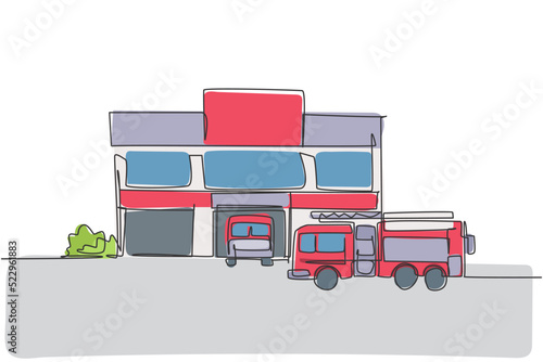 Single continuous line drawing of fire station building construction. Firemen basecamp office isolated minimalism concept. Dynamic one line draw graphic design vector illustration on white background
