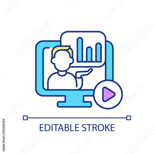 Watching video about financial analysis RGB color icon. Business analytics course. Accounting online program. Isolated vector illustration. Simple filled line drawing. Editable stroke. Arial font used
