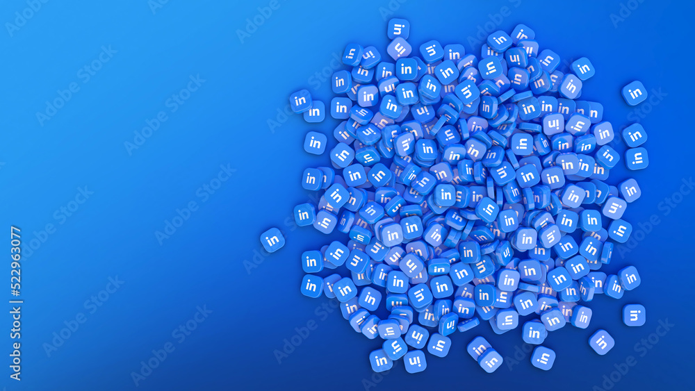 Square Linkedin. Visual 3d rendering of a bunch of square badges with the Linkedin logo over ...