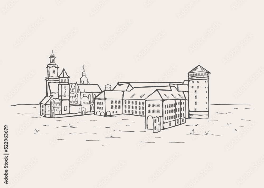 Castle Square in the old center of Warsaw, Poland. Artistic vector hand drawn linear illustration.