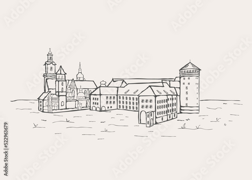 Castle Square in the old center of Warsaw, Poland. Artistic vector hand drawn linear illustration.