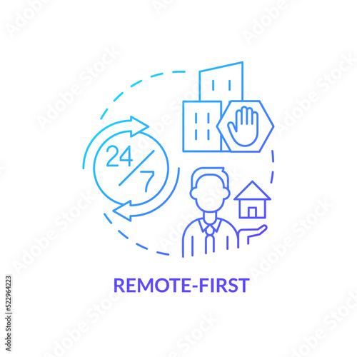 Remote first blue gradient concept icon. Work from home preference. Schedule building. Hybrid work model abstract idea thin line illustration. Isolated outline drawing. Myriad Pro-Bold font used