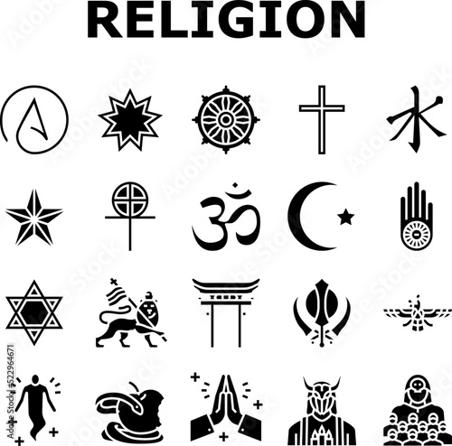 Religion, Prayer Cult And Atheism Icons Set Vector. Christianity And Druze, Bahai And Gnosticism, Hinduism And Islam, Judaism Sikhism. Sect Religious Human Soul Glyph Pictograms Black Illustrations