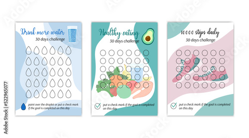 Healthy lifestyle habits tracker templates set. Drink water, healthy eating and 10000 steps personal 30 days challenge blanks. Vector illustration of paper worksheet for marking success in month