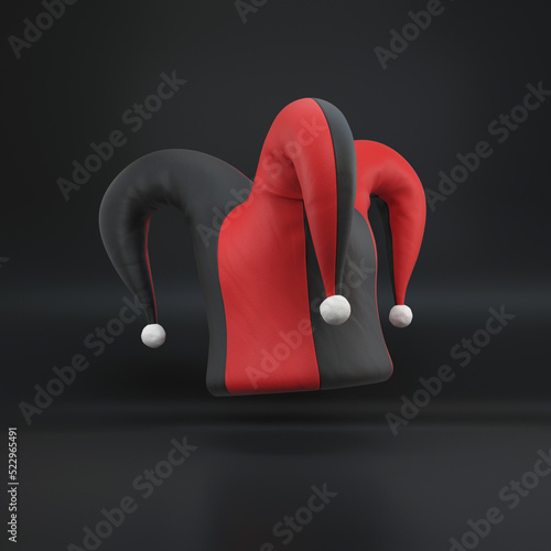 Black and red jester's hat floating on a black background, 3d render photo