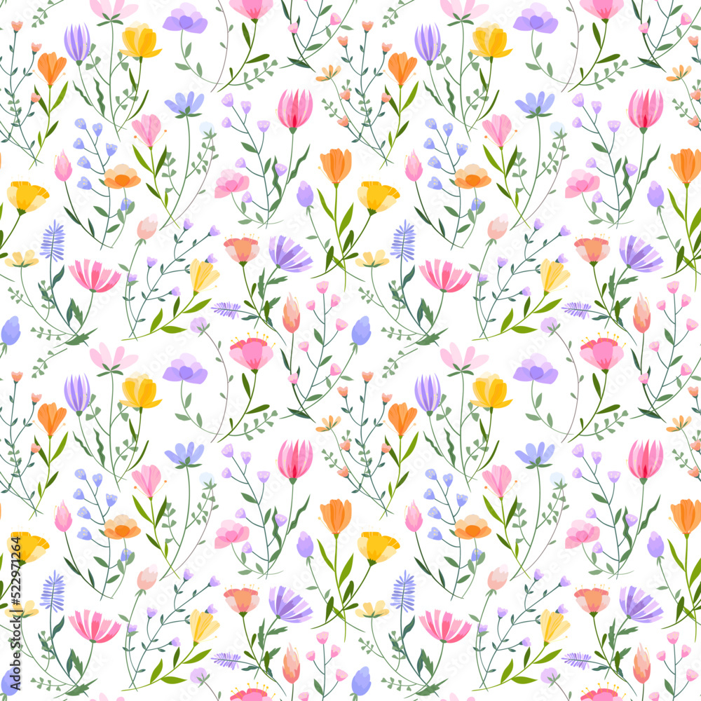 Vector floral seamless pattern. Set of leaves, wildflowers, twigs, floral arrangements. Beautiful compositions of field grass and bright spring flowers on white background. Vector floral seamless pattern. Set of leaves, wildflowers, twigs, floral arrangements. Beautiful compositions of field grass and bright spring flowers on white background.