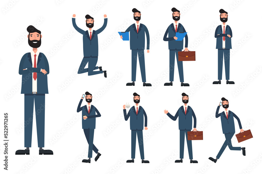 Flat design concept of Businessman with different poses, working and presenting process gestures, actions and poses. Vector cartoon character design set. Flat design concept of Businessman with different poses, working and presenting process gestures, actions and poses. Vector cartoon character design set.