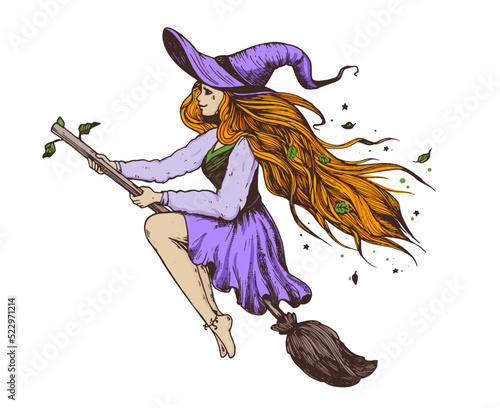 Halloween witch illustration. Girl flying on broomstick. Hand drawn vector illustration. Young woman on broom. Halloween young witch.
