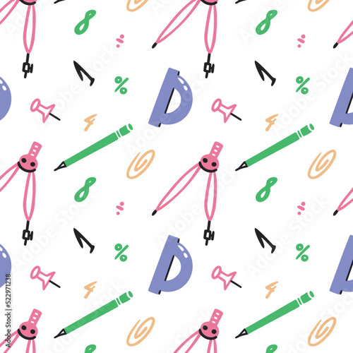 Seamless pattern, school. Study, office, back to school. Vector cartoon flat style. Compasses, protractor, ruler, pencil.