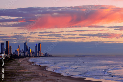 Colourful cloudy skies over Surfers Paradise at sunrise  viewed from Miami Hill Gold Coast