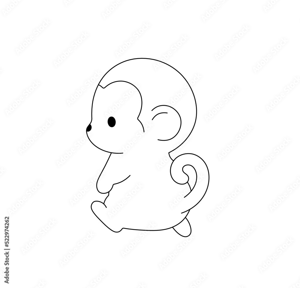 Vector isolated cute cartoon walking baby monkey side view colorless