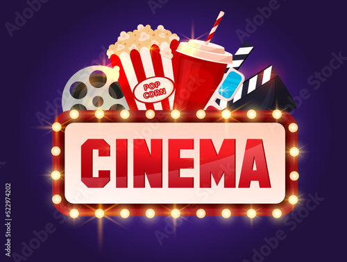 Movie poster. Cinema banner with popcorn, soda, clapperboard. Glowing cinema banner. Vector illustration.	
