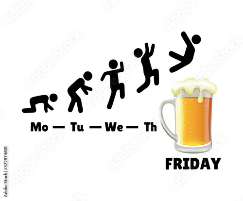 glass of beer. friday beer day. days of the week. silhouette of a man runs to beer. vector illustration. 