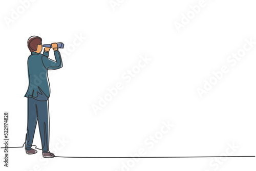Single one line drawing of young smart business man looking target opportunity forward with binocular. Business growth minimal concept. Modern continuous line draw design graphic vector illustration