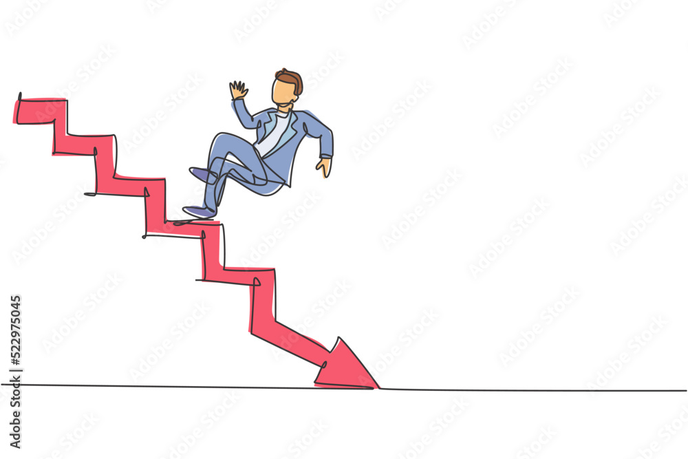 Single continuous line drawing of young business man slip down from up stairs to down floor. Broke professional businessman. Minimalism concept dynamic one line draw graphic design vector illustration Single continuous line drawing of young business man slip down from up stairs to down floor. Broke professional businessman. Minimalism concept dynamic one line draw graphic design vector illustration