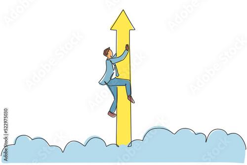 Single one line drawing young business man holding the flying up arrow sign through the cloud. Business market growth minimal concept. Modern continuous line draw design graphic vector illustration