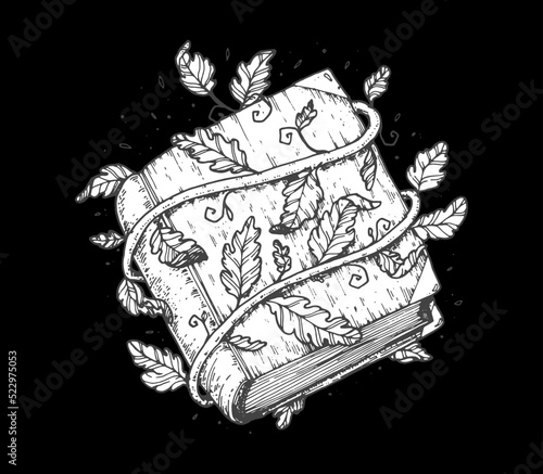 Book of spells sketch. Halloween illustration. Witch magic book. Hand drawn vector illustration.