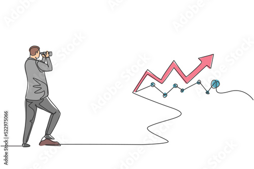 Single continuous line drawing young entrepreneur looking for sales graph increase target. Professional businessman vision. Minimalism concept dynamic one line draw graphic design vector illustration