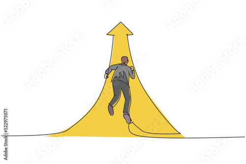 Continuous one line drawing of young businessman running fast to increase up arrow direction. Success business manager minimalist concept. Trendy single line draw design vector graphic illustration