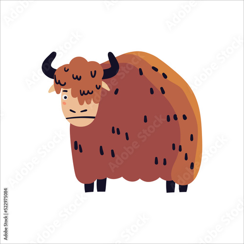 Cute brown yak vector illustration. Funny hand drawn safari character. Happy buffalo isolated on white background. Childish t shirt print design forest and savannah of Africa