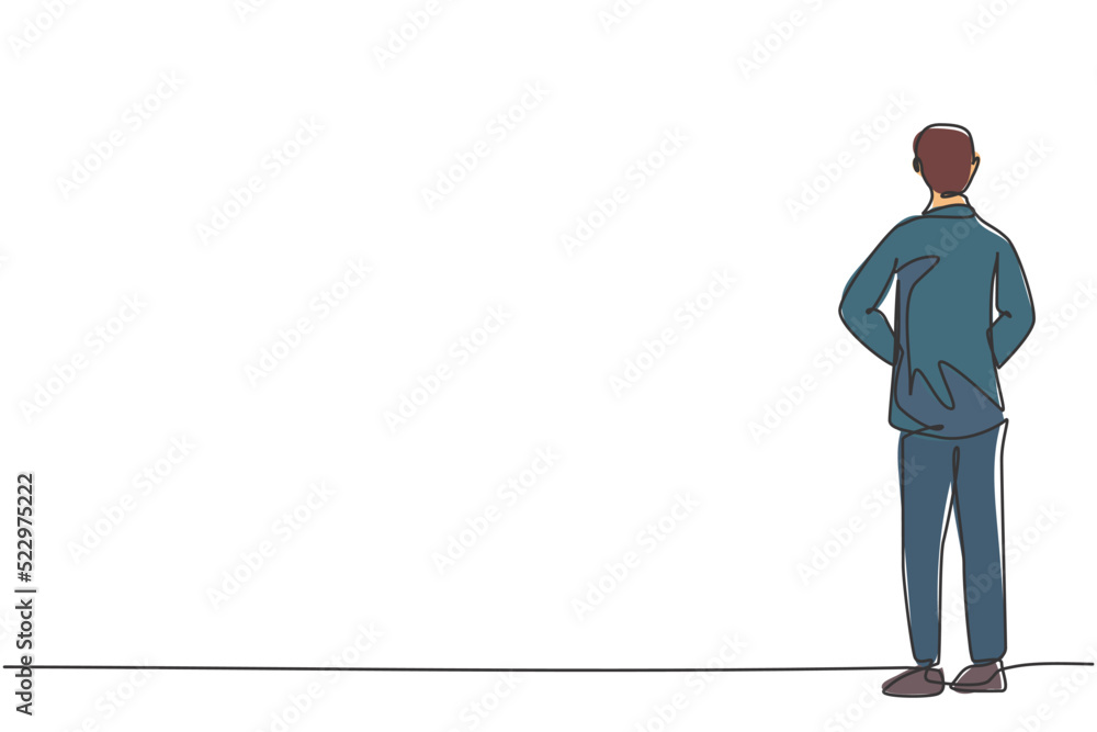 Continuous one line drawing of young businessman elegant standing back from rear view. Success business manager vision minimalist concept. Trendy single line draw design vector graphic illustration Continuous one line drawing of young businessman elegant standing back from rear view. Success business manager vision minimalist concept. Trendy single line draw design vector graphic illustration