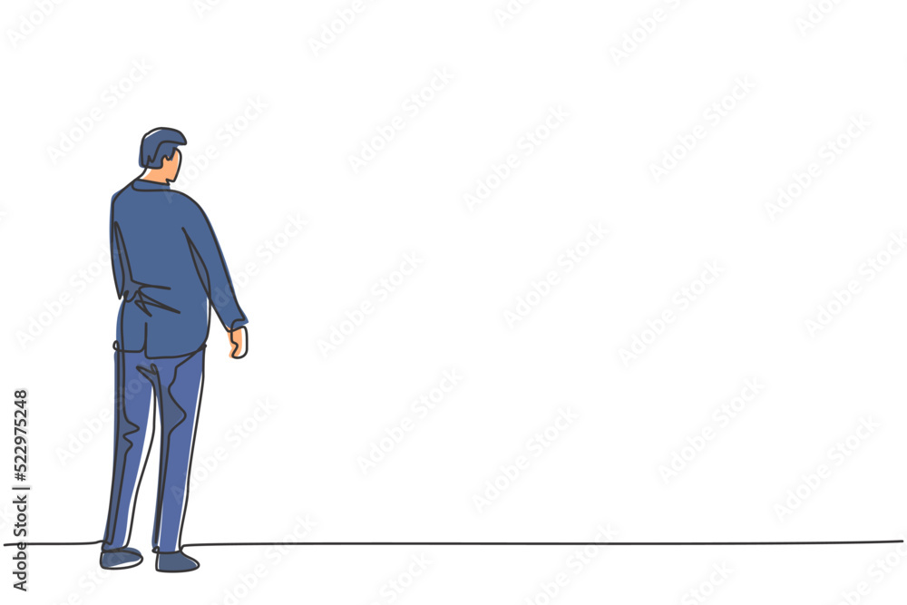 Single continuous line drawing of young businessman looking goal target from rear view. Professional businessman vision. Minimalism concept dynamic one line draw graphic design vector illustration Single continuous line drawing of young businessman looking goal target from rear view. Professional businessman vision. Minimalism concept dynamic one line draw graphic design vector illustration