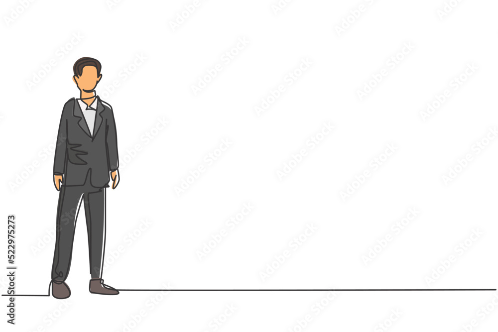 Continuous one line drawing of young smart businessman standing on office suit. Success business manager company minimalist concept. Trendy single line draw design vector graphic illustration Continuous one line drawing of young smart businessman standing on office suit. Success business manager company minimalist concept. Trendy single line draw design vector graphic illustration