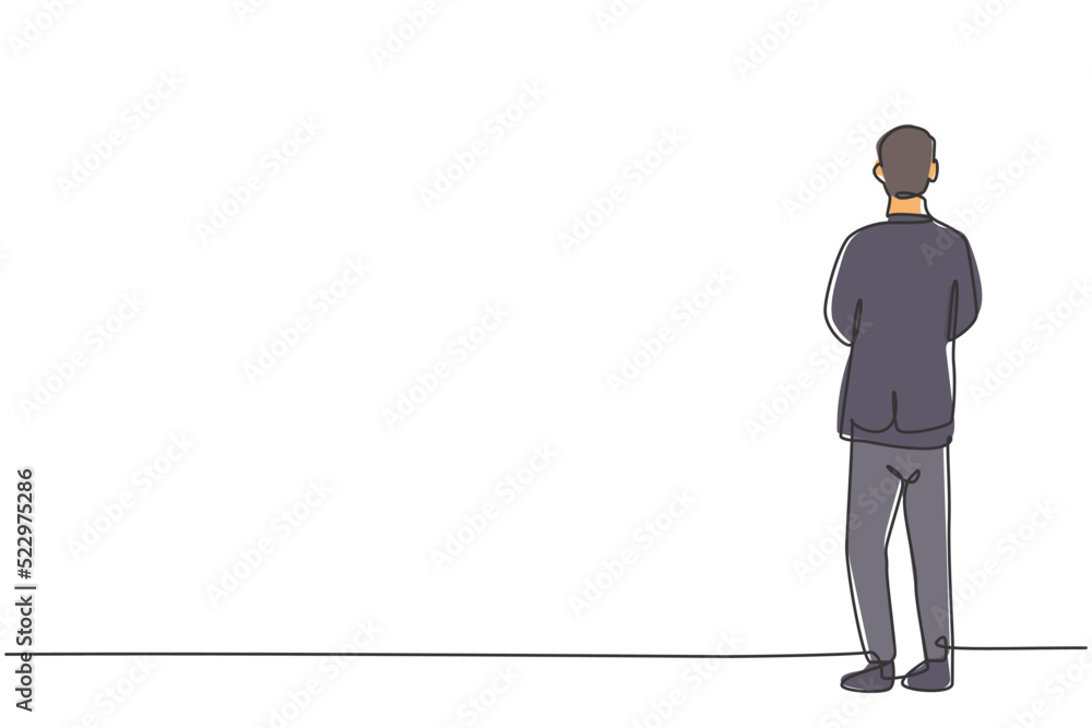 Single one line drawing of young smart business man standing back from rear view. Business financial analysis minimal concept. Modern continuous line draw design graphic vector illustration Single one line drawing of young smart business man standing back from rear view. Business financial analysis minimal concept. Modern continuous line draw design graphic vector illustration