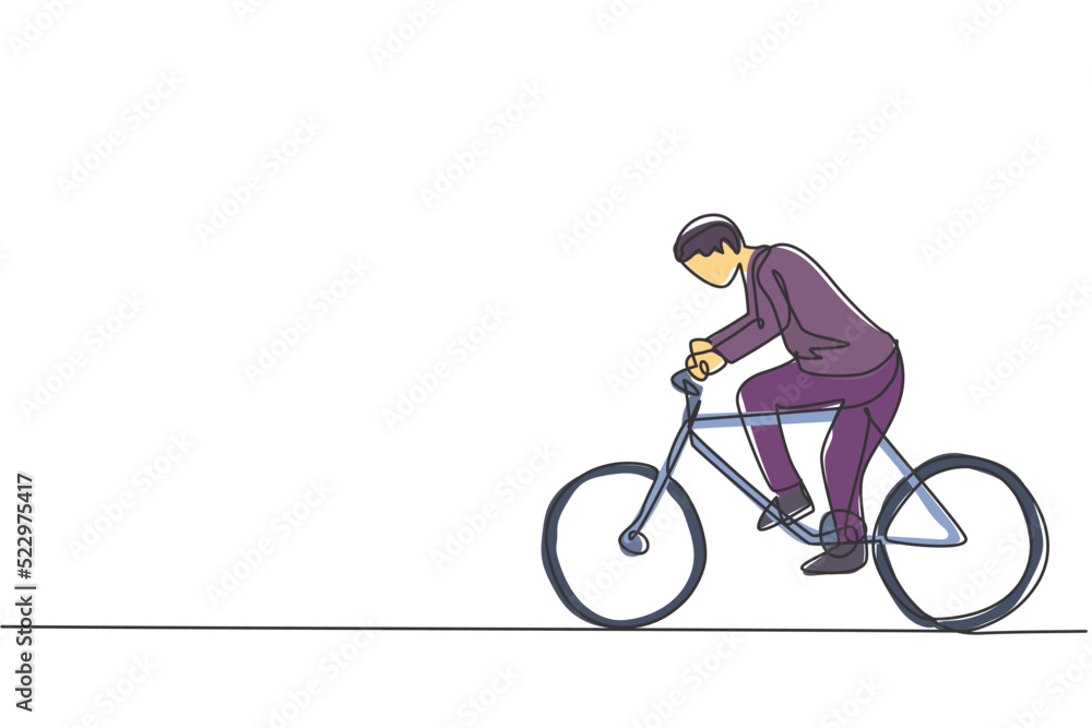 Obraz premium Single continuous line drawing young male worker riding bicycle to the office. Superb professional businessman work ethic. Minimalism concept dynamic one line draw graphic design vector illustration