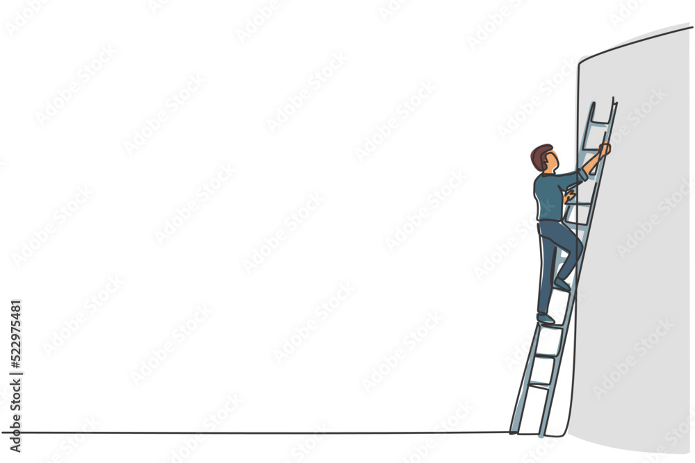 Single one line drawing of young smart entrepreneur climbing up the wall with ladder. Business obstacle metaphor minimal concept. Modern continuous line draw design graphic vector illustration Single one line drawing of young smart entrepreneur climbing up the wall with ladder. Business obstacle metaphor minimal concept. Modern continuous line draw design graphic vector illustration