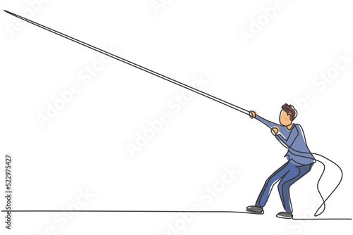 Continuous one line drawing young male entrepreneur pulling rope up to reach business target. Business obstacle metaphor minimalist concept. Trendy single line draw design vector graphic illustration
