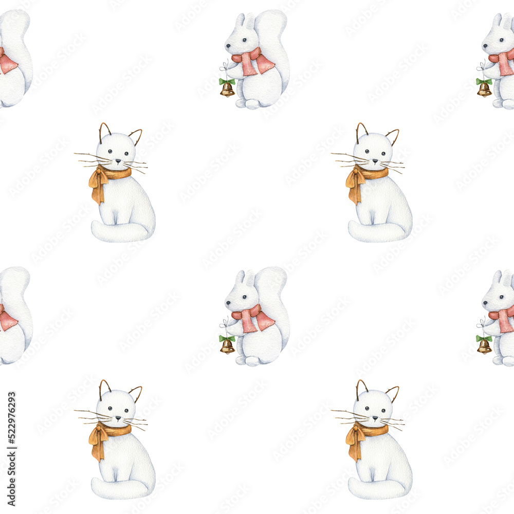 Obraz premium Watercolor Christmas seamless pattern. Cartoon winter characters. Cute snowman friends, snow animals. Perfect for wallpaper, wrapping paper, fabric design, kids digital paper.