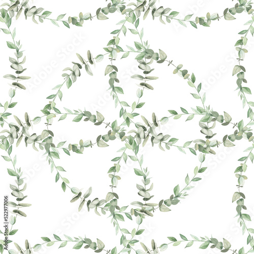 Watercolor seamless floral pattern with eucalyptus branches on white background.  geometric ornament Perfect for wallpaper  wrapping paper  fabric  wedding design  digital paper