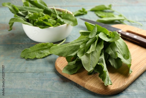 Fresh green sorrel leaves on light blue wooden table, closeup photo